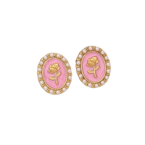 Elegant vintage oval pearl stud earrings with pink enamel rose center for women