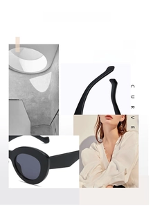 Detail analysis showing sleek black cat-eye sunglasses with curved frame design