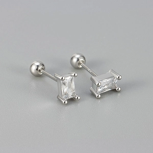 Minimalist silver screw back stud earrings with rectangular clear cubic zirconia stones