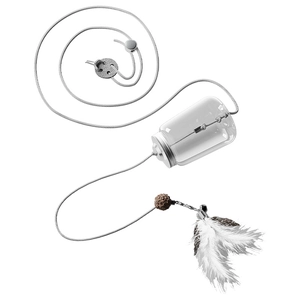 Hanging pet treat dispenser ball with natural feathers and wooden bead for cats and dogs