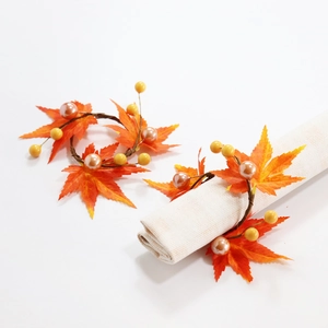 Artificial Maple Leaf Napkin Ring With Berries And Artificial Pearls Fall Harvest Thanksgiving Halloween Table Decoration