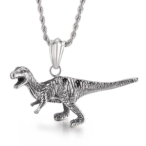 Retro Tyrannosaurus Rex pendant in silver titanium steel with a twisted rope chain