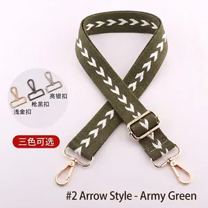 Detailed view of adjustable army green bag strap with white arrow jacquard and metal clips