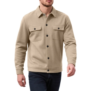 Men's khaki waffle textured shirt jacket with chest pockets and classic lapel collar