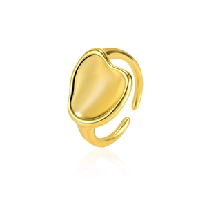 Irregular S925 sterling silver minimalist open ring with polished gold finish on white background