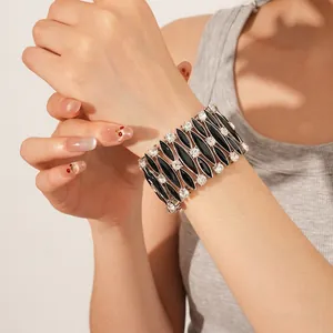 Vintage silver elastic bracelet with black marquise gems and sparkling crystals for women
