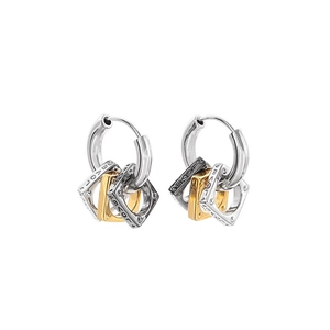 Men's hoop earrings with three dangling geometric square pendants in gold and silver