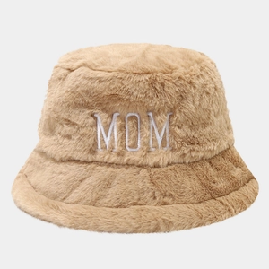 Detail of MOM embroidery on camel plush bucket hat with thick faux fur texture