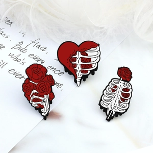 Cartoon skeleton and red rose enamel brooch pins set for backpacks on vintage paper