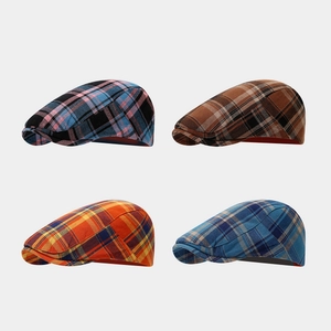 Retro Checkered Flat Cap British Vintage Pure Cotton Adjustable Beret Hat For Men Women Breathable Plaid Duckbill Cap