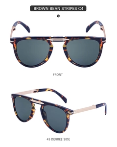 Detail view of foldable brown bean stripes sunglasses with gold metal hinges and dark grey lenses