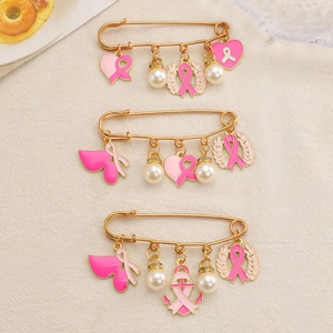 Lot de 3 broches dorées avec pendentifs ruban rose et perles pour la sensibilisation