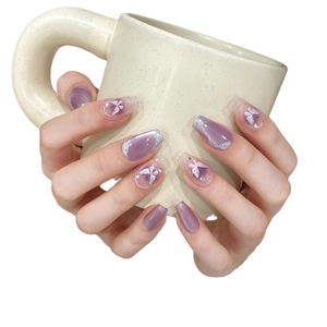 Purple cat eye coffin press-on nails with 3D butterfly design and silver glitter gradient