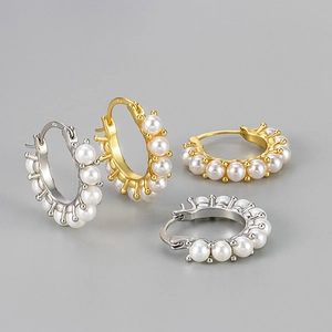 Artificial Pearl Hoop Earrings With 925 Sterling Silver Earring Post Copper Round Circle Elegant Fashion Vintage Jewelry For Women