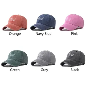 Vintage washed cotton baseball caps with dog embroidery in six diverse colors