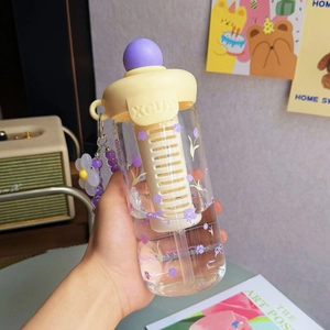Floral clear plastic water bottle with yellow lid and purple handle, including straw and tea filter