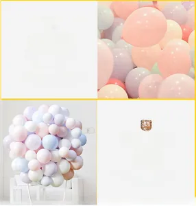Detail view of macaron balloons in pastel pink, purple, and blue for party decoration