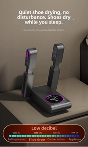 Smart shoe dryer detail with foldable arms and LED display showing 48°C constant temperature
