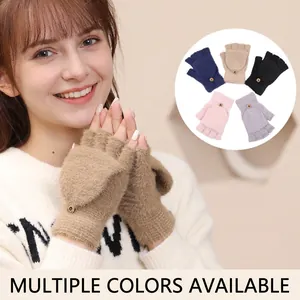 Women's Faux Mink Fleece Warm Winter Gloves Thickened Convertible Flip Cover Half Finger Mitten Solid Color Knitted Gloves