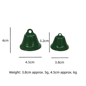 Dark green metal Christmas bell ornaments in two sizes with product dimensions and weight