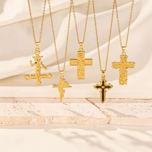 Gothic Stainless Steel Cross Necklace For Women Gold Silver Plated Rose Sunflower Baphomet Religious Jewelry Daily Wear