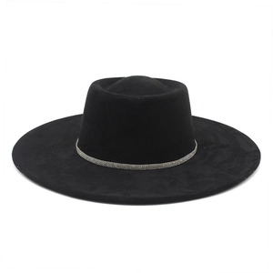 Detailed top view of a black wide brim felt hat featuring a silver rhinestone band detail