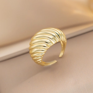 Croissant Open Ring Ribbed Textured Copper Gold Plated French Retro Minimalist Adjustable Finger Jewelry For Women