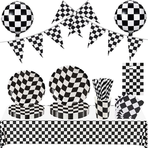 Racing Checkered Flag Theme Party Tableware Banners Napkins Tablecloth Cups Straws Bags Paper Plastic Kids Birthday Decoration
