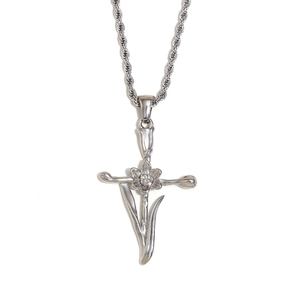 Silver flower and leaf pendant necklace with twist chain on white background