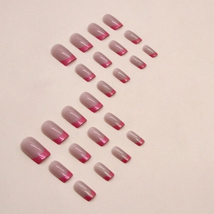 French medium square press-on nails with rose red aurora v-tips on bare pink base
