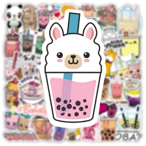Close-up of cute alpaca boba tea sticker with waterproof PVC texture and pink accents