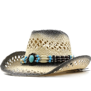 Western Cowboy Straw Hat Paper Woven Turquoise Bead Band Sun Protection Breathable Hollow Retro Outdoor Beach Men Women