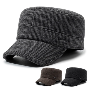 Men Flat Top Cap Cotton Woolen Warm Winter Military Hat Foldable Ear Protection Adjustable Sport Casual Cadet Hat