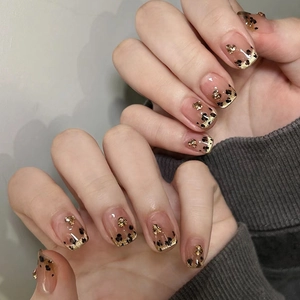 French Leopard Print Press On Nails ABS Short Square With Gold Flakes And Rhinestones Fashionable Manicure For Women