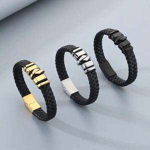 Bracciale In Pelle Intrecciata Con Chiusura Magnetica In Acciaio Inossidabile Gioielli Hip Hop Minimalisti Da Uomo