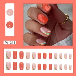 Rainbow striped orange coffin nails in W1218 design with full 24-piece press-on nail set