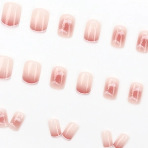 Pink gradient square press-on nails with white cloud marble pattern set for women
