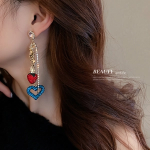Fashion strawberry heart tassel earrings with sparkling crystals for elegant women