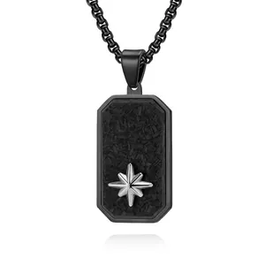 Men Pendant Necklace Stainless Steel Carbon Fiber Inlay Octagram Star Military Dog Tag Industrial Punk Fashion Jewelry