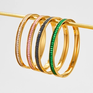 Bracelet Jonc Zircon Baguette Acier Inoxydable Placage Sous Vide Fermoir Charnière Bijoux Mode Elégant Cadeau Femme