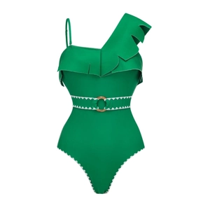 Detail of green one-piece swimsuit with ric-rac trim and ruffled shoulder strap