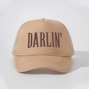 Khaki DARLIN' printed trucker hat with foam front, mesh back and decorative rope
