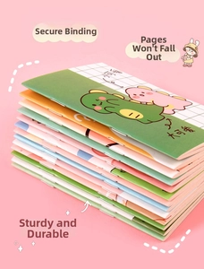Detail of cute cartoon notebooks with secure metal staple binding and durable covers