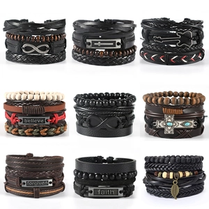 Wrap Leather Bracelet Vintage Braided Wood Beads Infinity Cross Guitar Charm Punk Style For Men