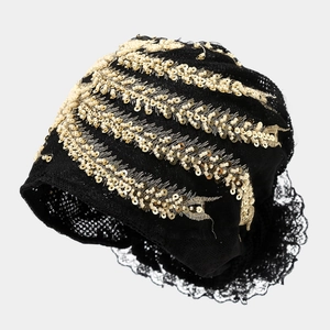 Black breathable mesh headband with gold bead sequins and elegant floral lace edge