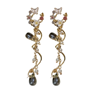 Elegant floral butterfly drop earrings with long tassels and sparkling crystal stones