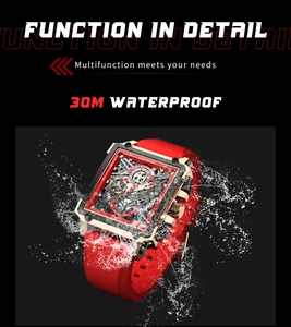 Close-up of square sport watch with dynamic water splashes and 30m waterproof feature