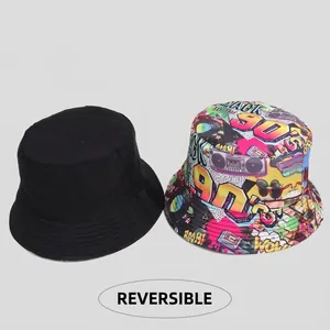 Reversible 80s 90s vintage print bucket hat with solid black side and retro pop pattern