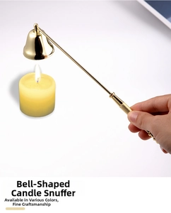 Golden bell-shaped candle snuffer with long handle extinguishing a yellow flame