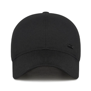 Men's winter baseball cap in black textured wool with ear protection and side logo label